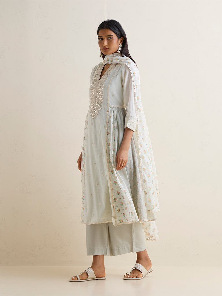 Vark Off-White Floral Pattern Anarkali Ethnic Set