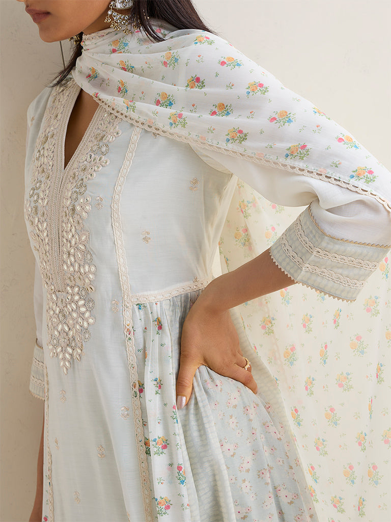 Vark Off-White Floral Pattern Anarkali Ethnic Set