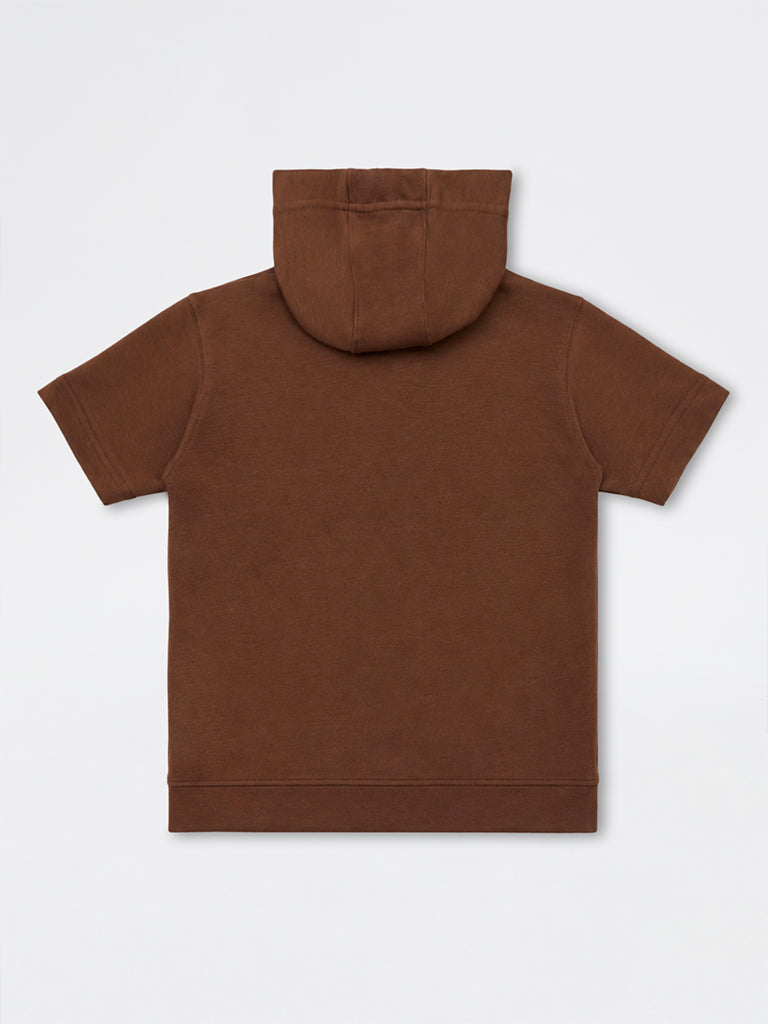 Boys Brown Japanese Text Printed Cotton-Blend Hooded Sweatshirt