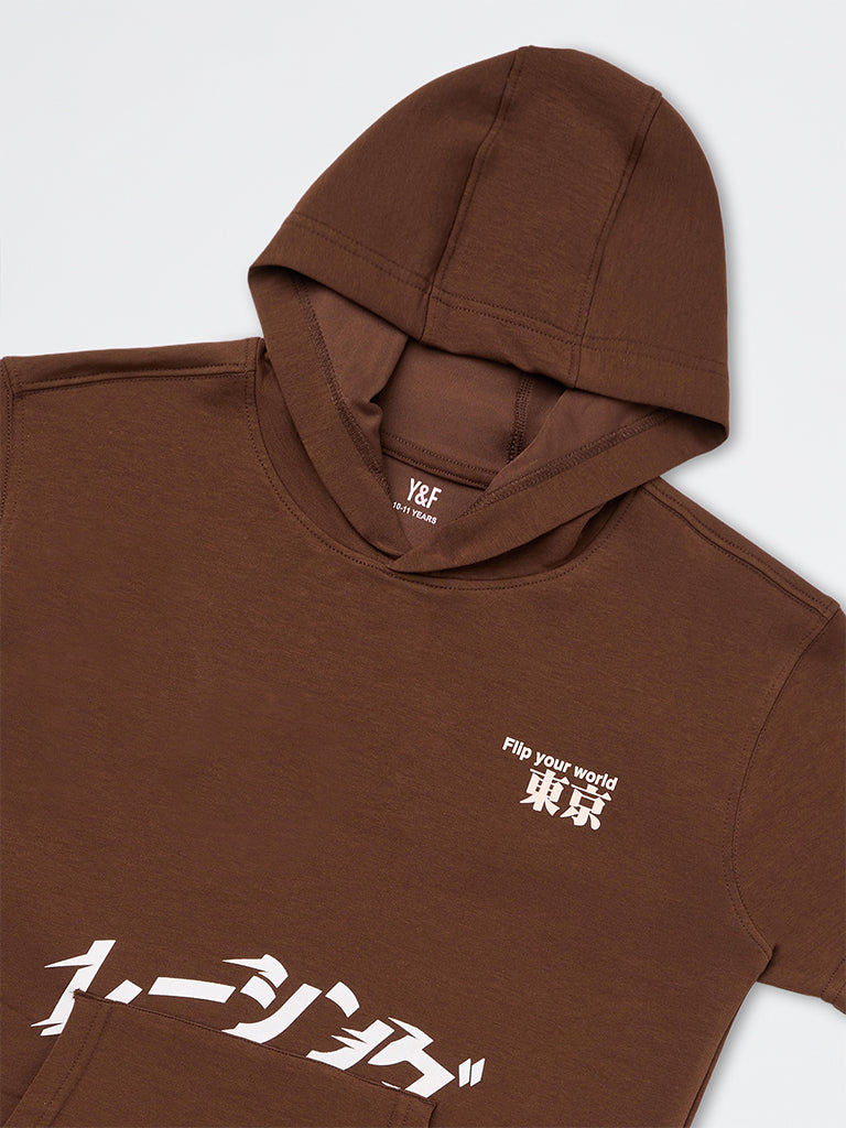 Boys Brown Japanese Text Printed Cotton-Blend Hooded Sweatshirt
