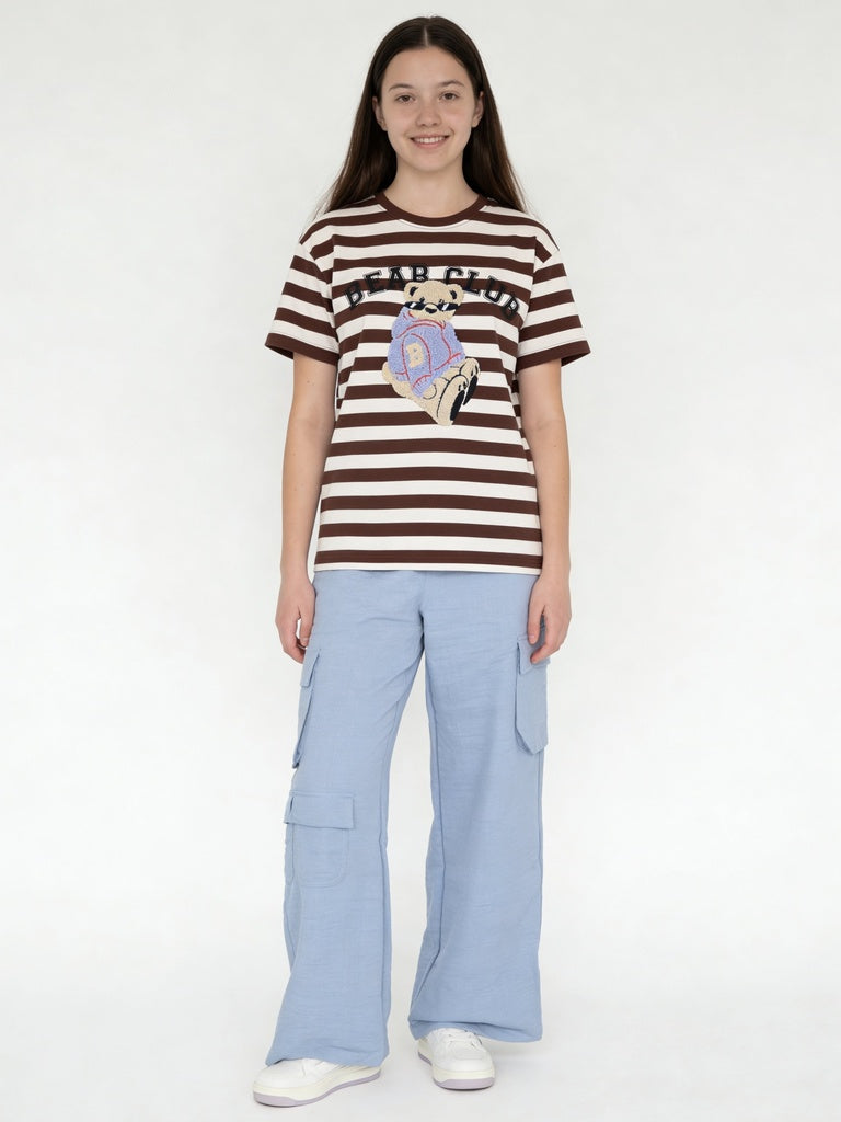 Girls Brown Striped Bear Graphic Cotton T-Shirt