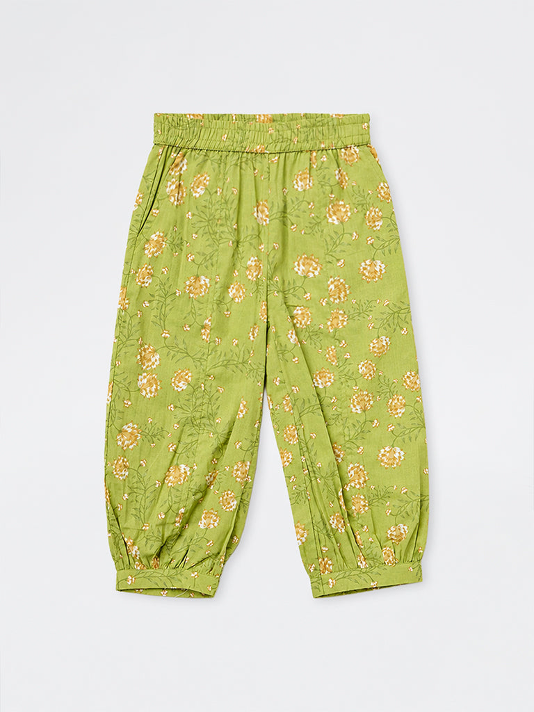 Utsa Kids Girls Green Floral Printed Cotton Ethnic Pants - (2-8 yrs)