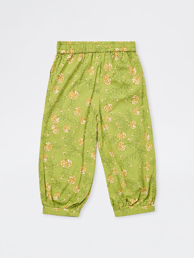 Utsa Kids Girls Green Floral Printed Cotton Ethnic Pants - (2-8 yrs)