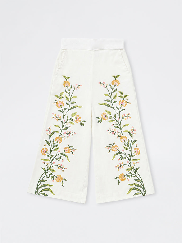Utsa Kids Girls White Botanical Printed Cotton-Blend Ethnic Pants - (2-8 yrs)
