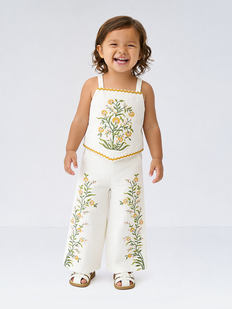 Utsa Kids Girls White Botanical Printed Cotton-Blend Ethnic Pants - (2-8 yrs)