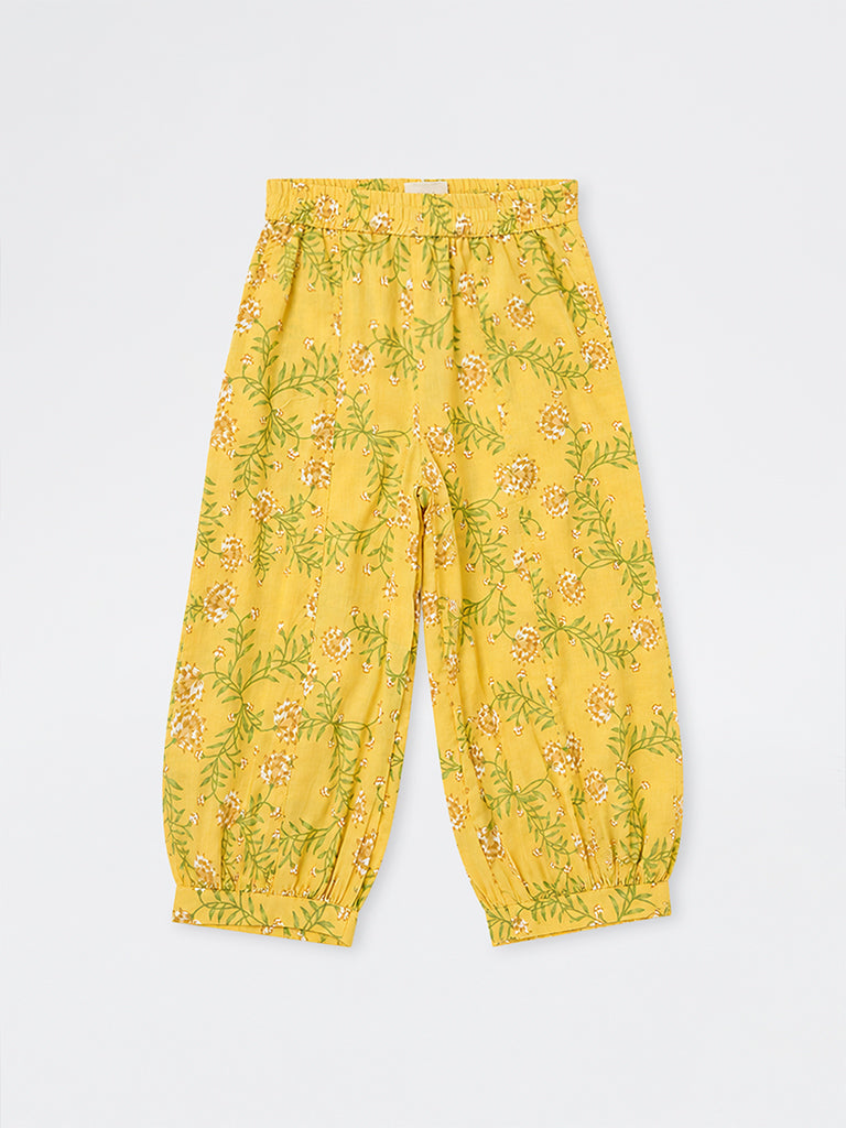 Utsa Kids Girls Yellow Floral Printed Cotton Ethnic Pants (2-8 yrs)