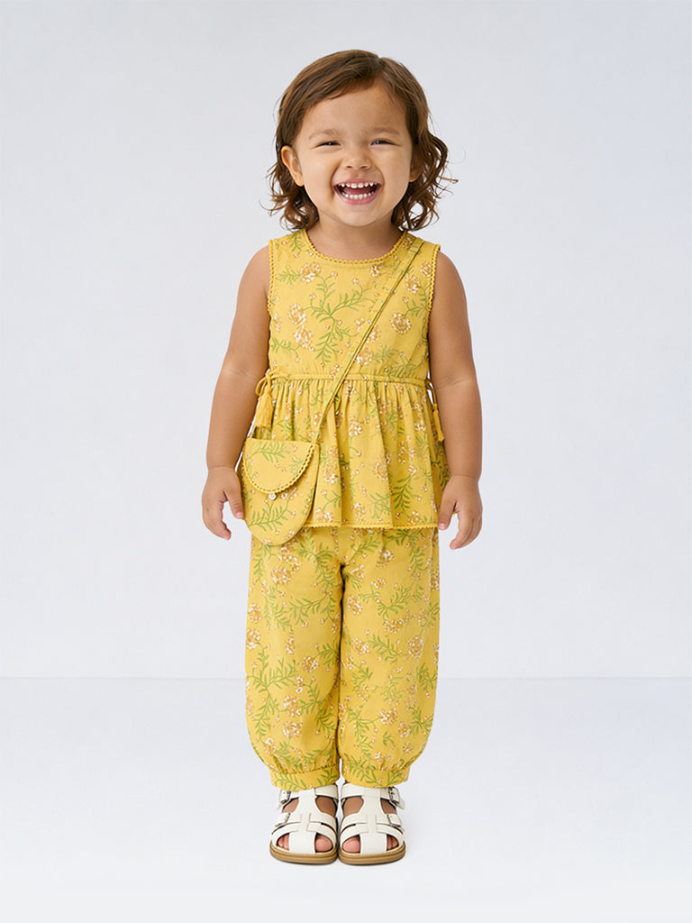 Utsa Kids Girls Yellow Floral Printed Cotton Ethnic Pants (2-8 yrs)
