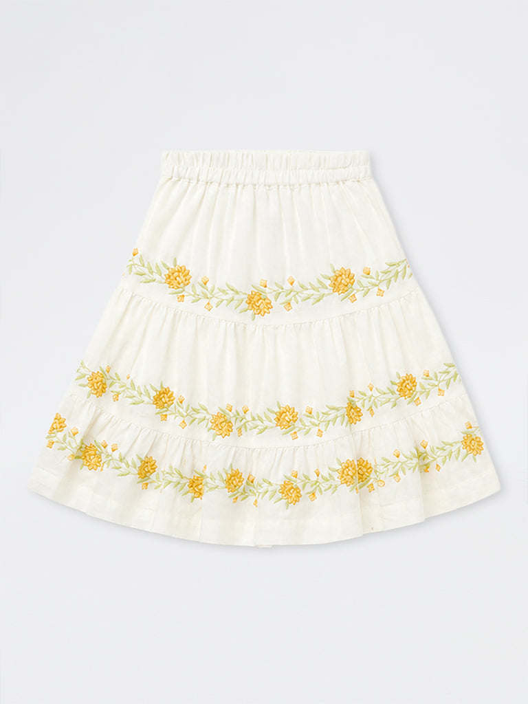 Utsa Kids Girls White Floral Embroidered Cotton-Blend Tiered Skirt - (2-8 yrs)