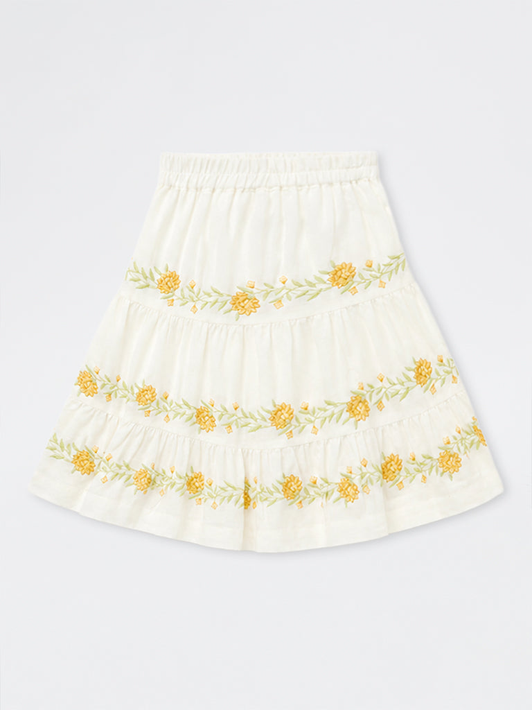 Utsa Kids Girls White Floral Embroidered Cotton-Blend Tiered Skirt - (2-8 yrs)