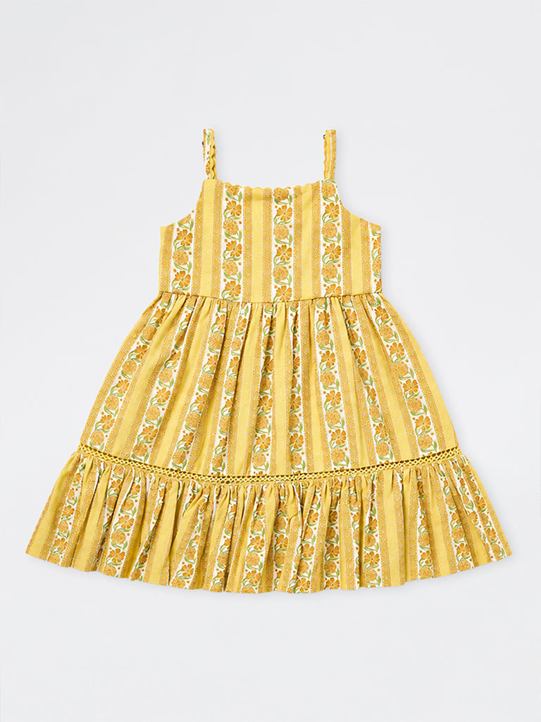 Utsa Kids Girls Yellow Floral Printed Cotton-Blend A-Line Dress - (2-8 yrs)