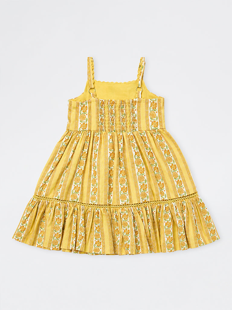 Utsa Kids Girls Yellow Floral Printed Cotton-Blend A-Line Dress - (2-8 yrs)