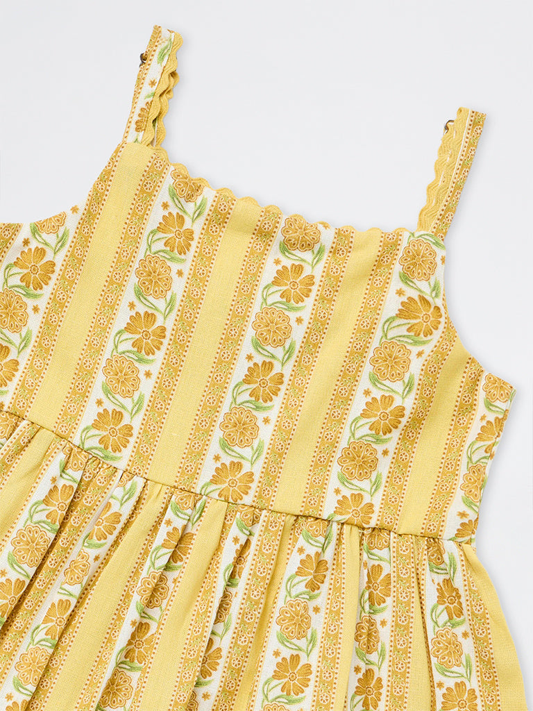 Utsa Kids Girls Yellow Floral Printed Cotton-Blend A-Line Dress - (2-8 yrs)