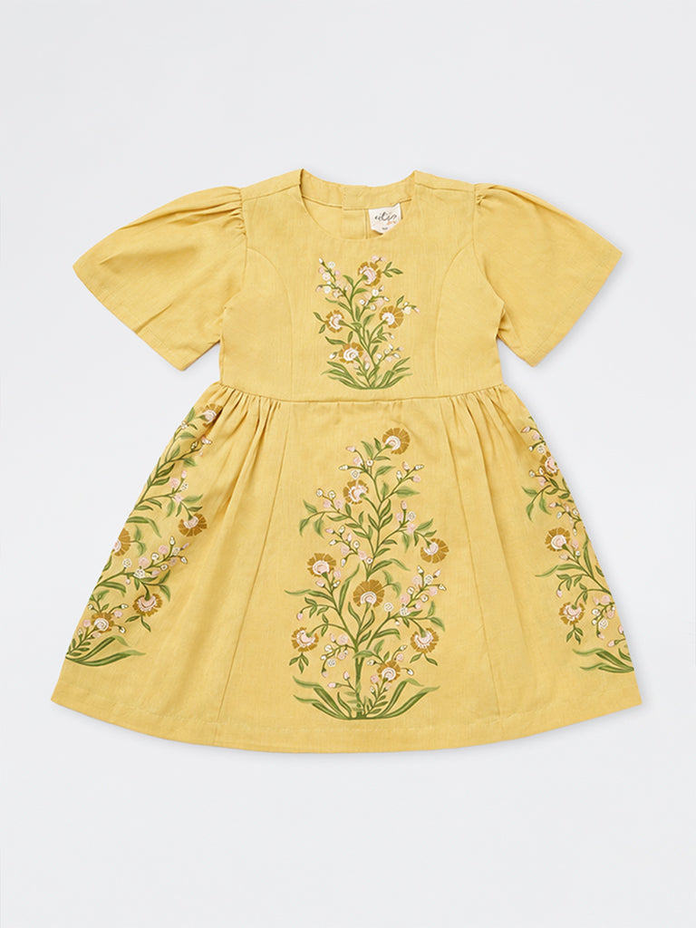 Utsa Kids Girls Yellow Floral Pattern A-line Cotton-Blend Dress - (2-8 yrs)