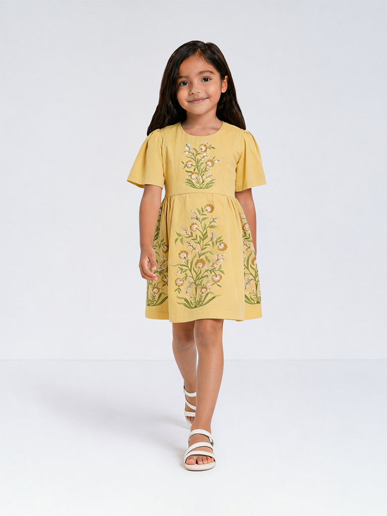 Utsa Kids Girls Yellow Floral Pattern A-line Cotton-Blend Dress - (2-8 yrs)