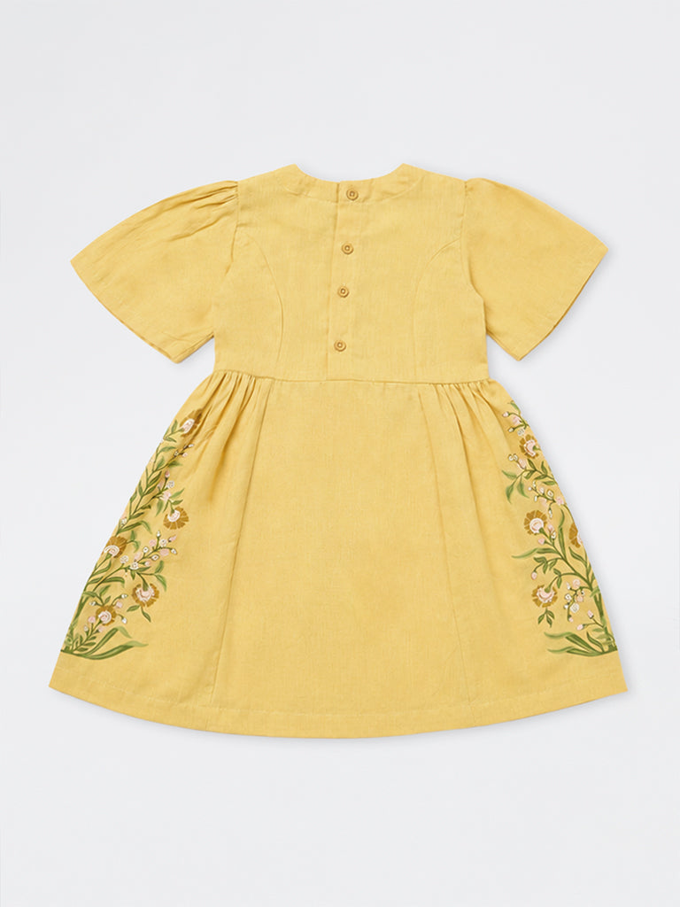 Utsa Kids Girls Yellow Floral Pattern A-line Cotton-Blend Dress - (2-8 yrs)