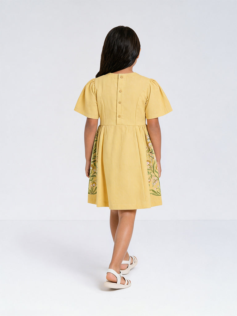 Utsa Kids Girls Yellow Floral Pattern A-line Cotton-Blend Dress - (2-8 yrs)