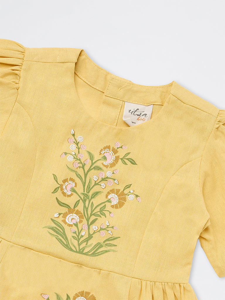 Utsa Kids Girls Yellow Floral Pattern A-line Cotton-Blend Dress - (2-8 yrs)