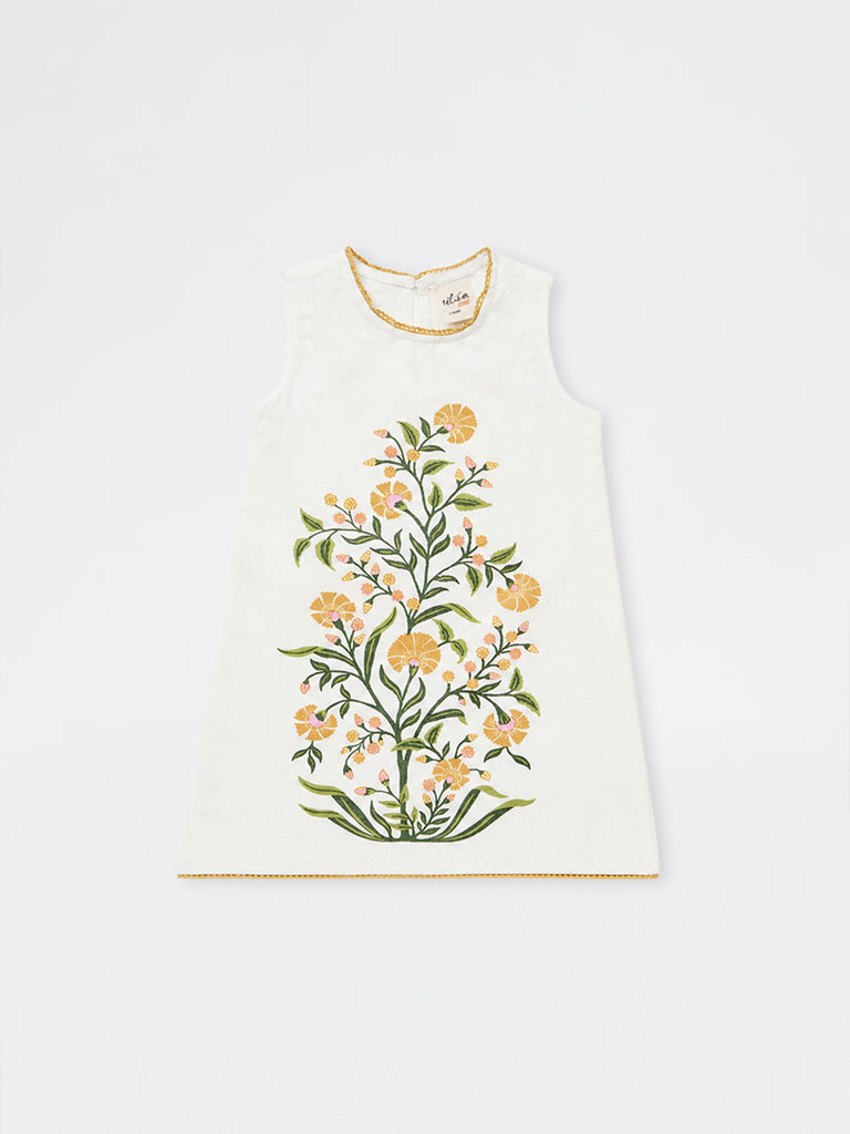 Utsa Kids Girls White Floral Pattern Cotton-Blend Shift Dress - (2-8 yrs)