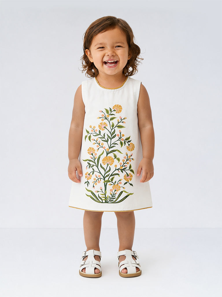 Utsa Kids Girls White Floral Pattern Cotton-Blend Shift Dress - (2-8 yrs)
