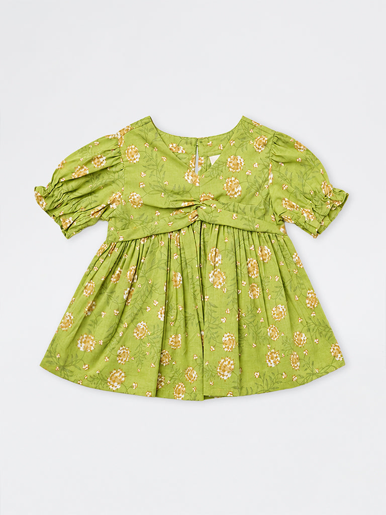 Utsa Kids Girls Green Floral Printed Cotton Top - (2-8 yrs)
