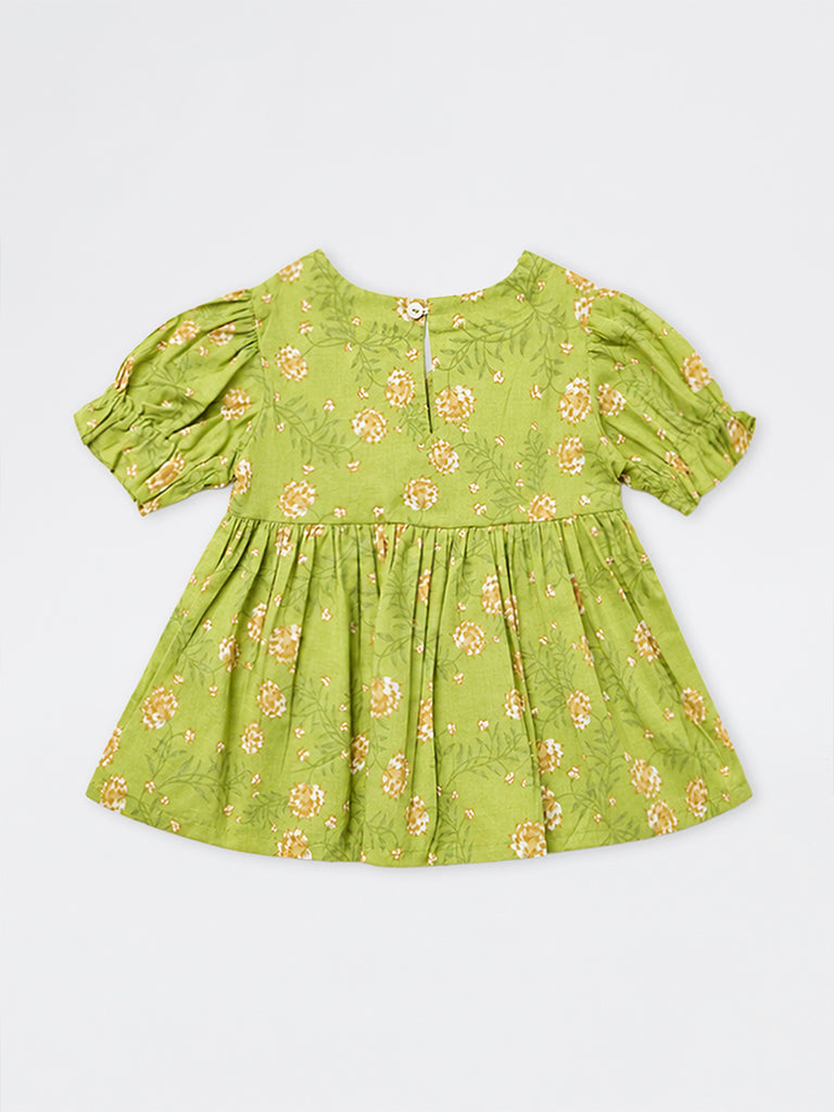 Utsa Kids Girls Green Floral Printed Cotton Top - (2-8 yrs)