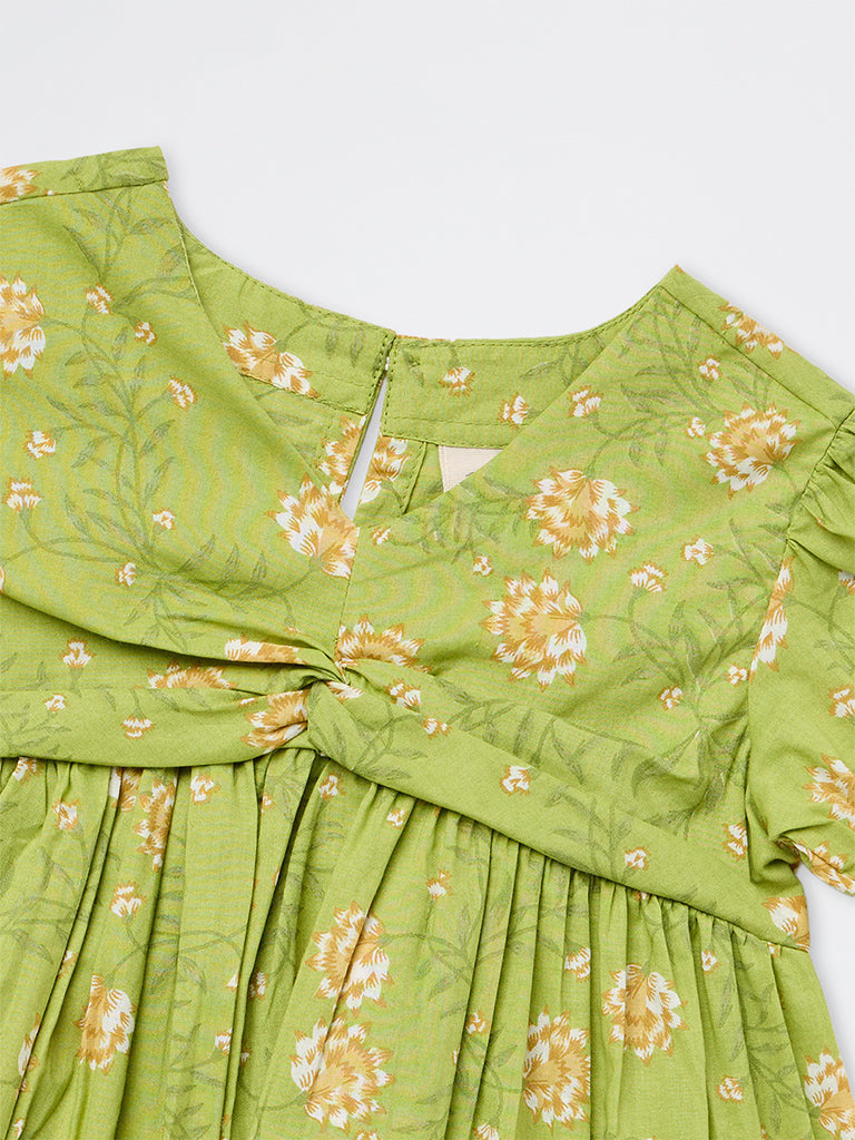Utsa Kids Girls Green Floral Printed Cotton Top - (2-8 yrs)