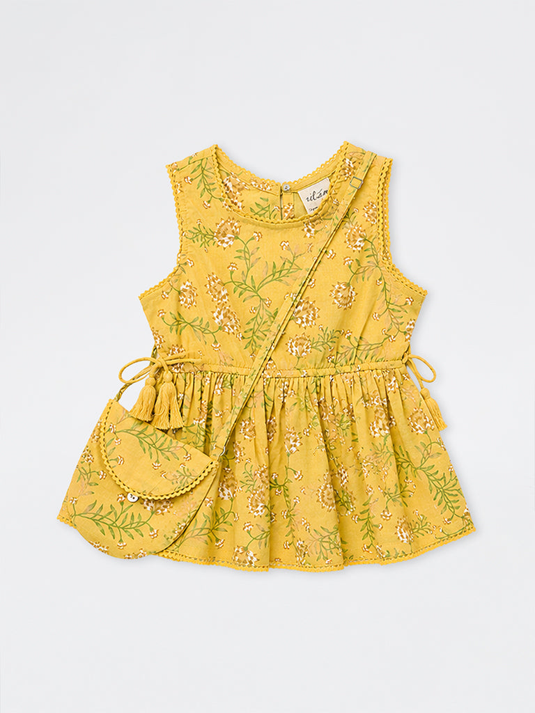 Utsa Kids Girls Yellow Floral Printed Peplum Cotton Top with Bag - (2-8 yrs)