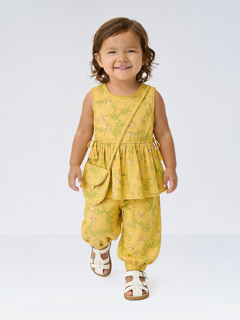 Utsa Kids Girls Yellow Floral Printed Peplum Cotton Top with Bag - (2-8 yrs)