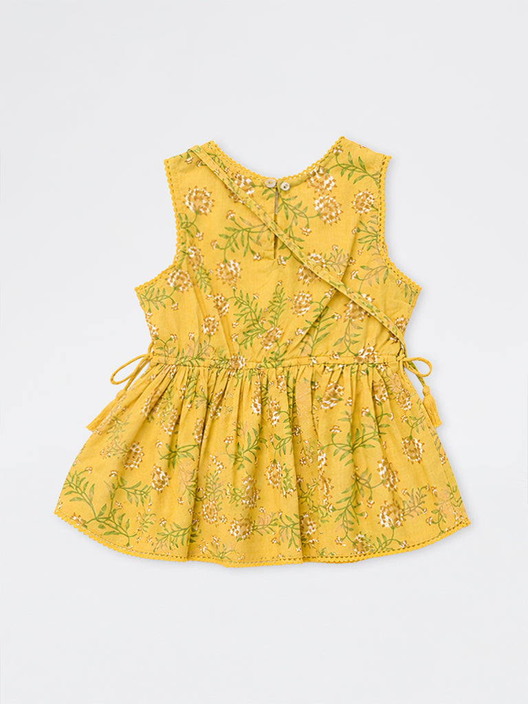 Utsa Kids Girls Yellow Floral Printed Peplum Cotton Top with Bag - (2-8 yrs)