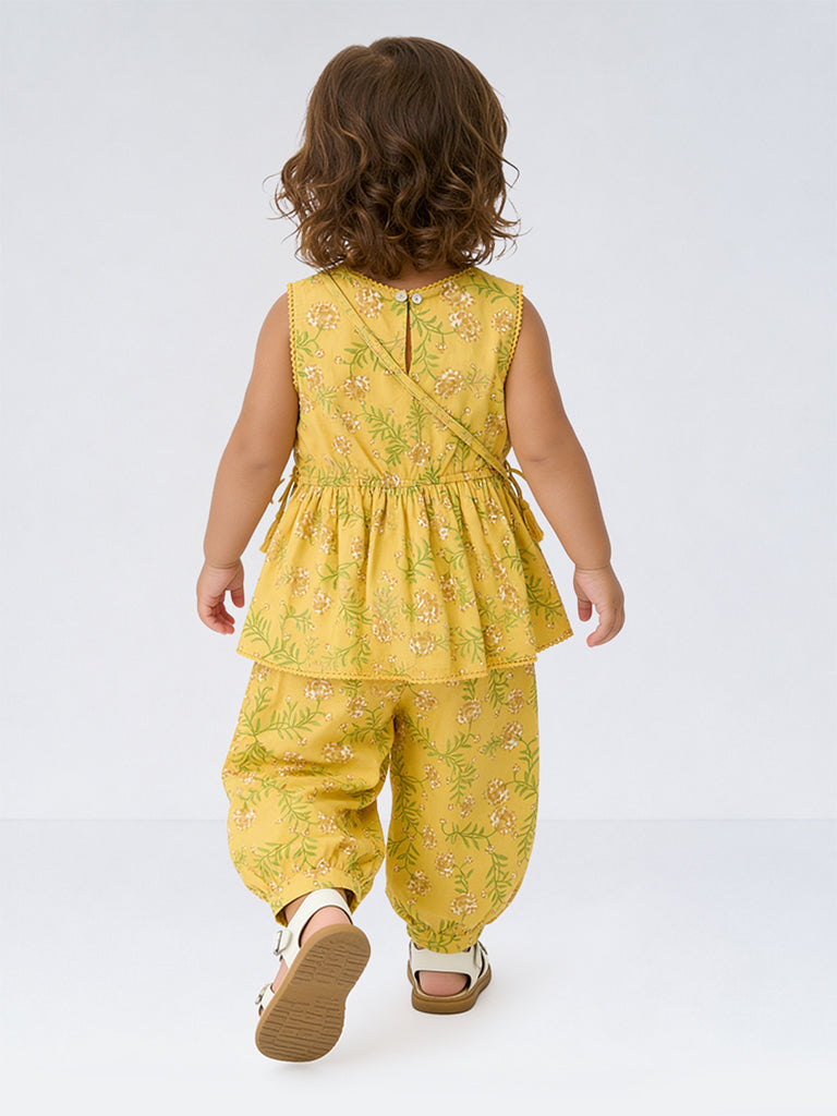 Utsa Kids Girls Yellow Floral Printed Peplum Cotton Top with Bag - (2-8 yrs)