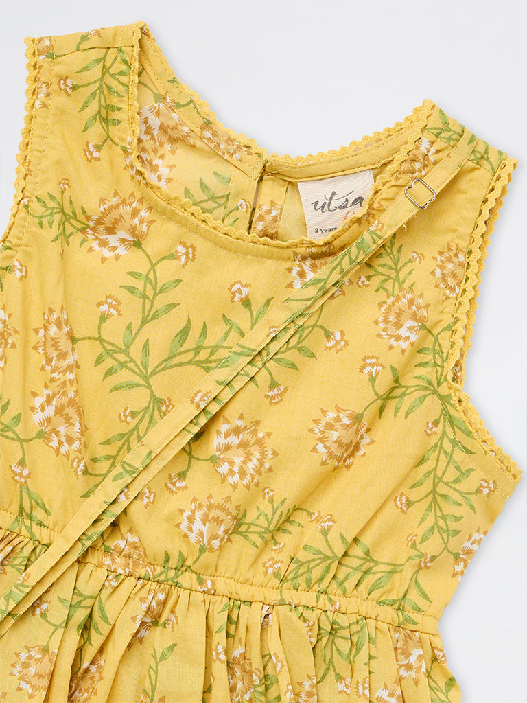 Utsa Kids Girls Yellow Floral Printed Peplum Cotton Top with Bag - (2-8 yrs)