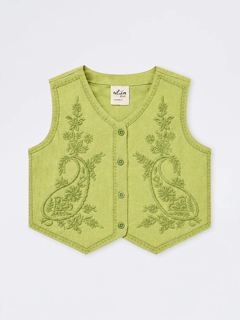 Utsa Kids Girls Green Paisley Embroidered Cotton-Blend Waistcoat - (2-8 yrs)