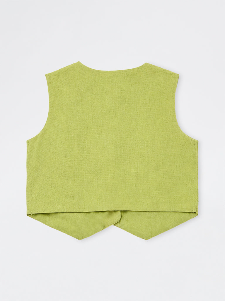 Utsa Kids Girls Green Paisley Embroidered Cotton-Blend Waistcoat - (2-8 yrs)