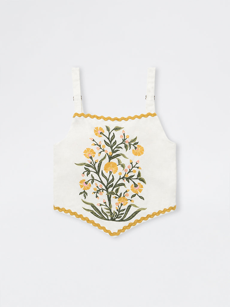 Utsa Kids Girls White Botanical Design Cotton-Blend Ethnic Top - (2-8 yrs)