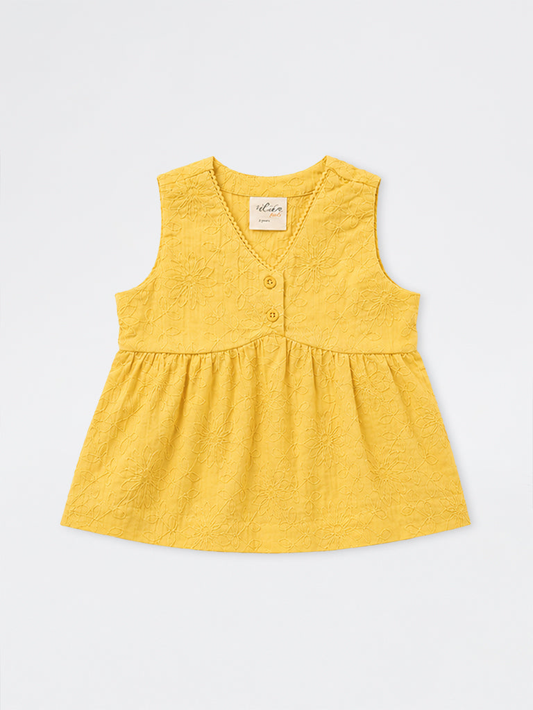 Utsa Kids Girls Yellow Floral Embroidered Cotton Top - (2-8 yrs)