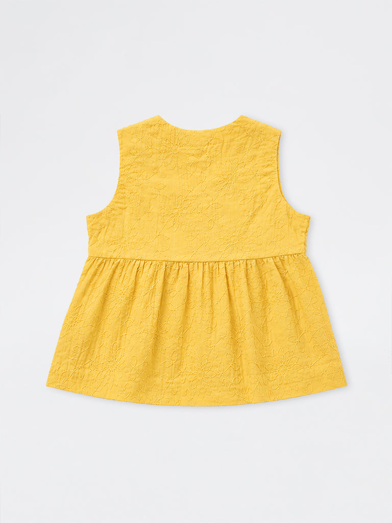 Utsa Kids Girls Yellow Floral Embroidered Cotton Top - (2-8 yrs)
