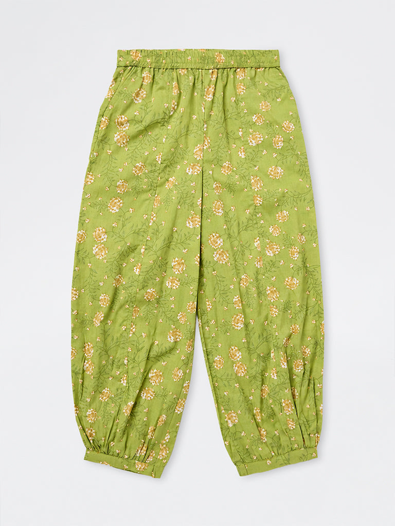 Utsa Kids Girls Green Floral Printed Cotton Ethnic Pants - (8-14 yrs)