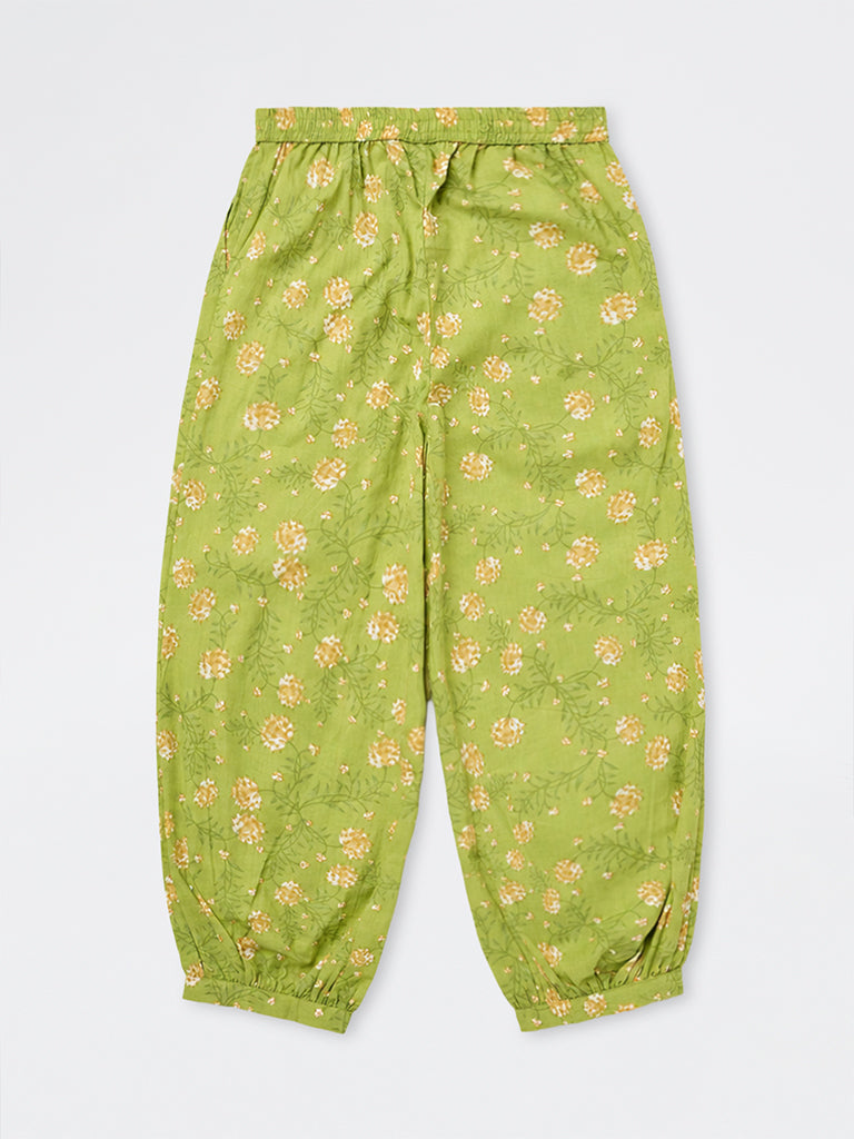 Utsa Kids Girls Green Floral Printed Cotton Ethnic Pants - (8-14 yrs)
