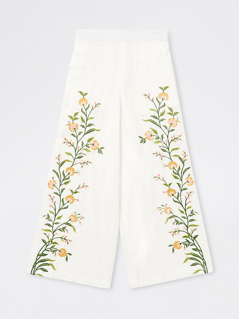 Utsa Kids Girls White Botanical Printed Cotton-Blend Ethnic Pants - (8-14 yrs)
