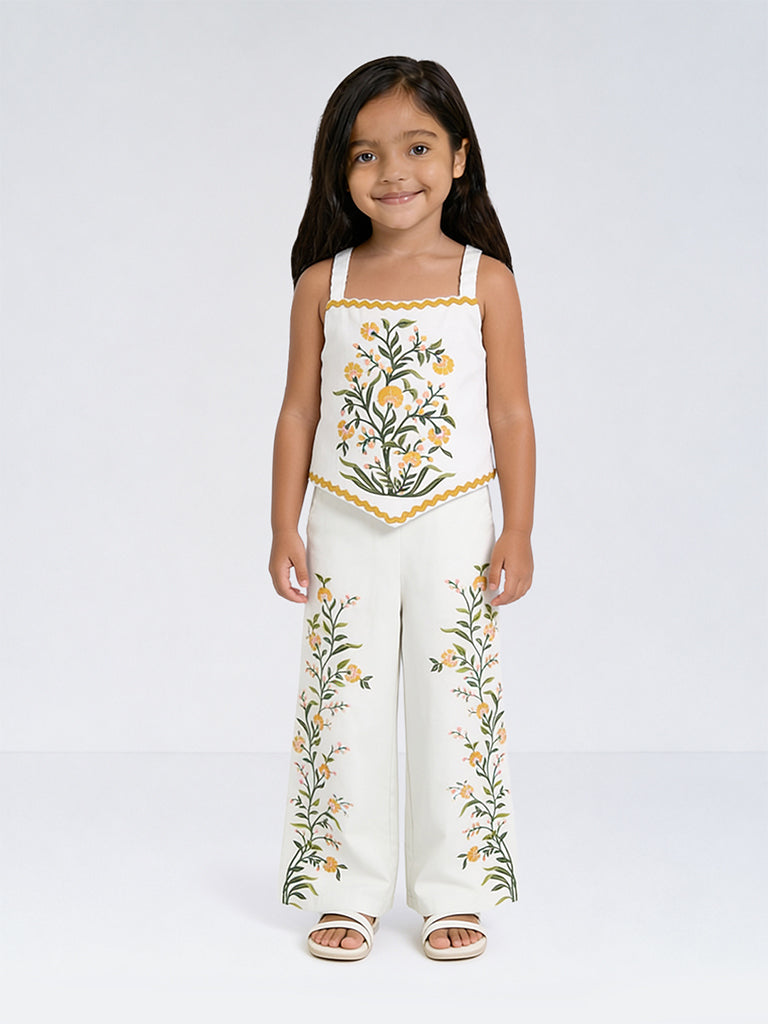 Utsa Kids Girls White Botanical Printed Cotton-Blend Ethnic Pants - (8-14 yrs)