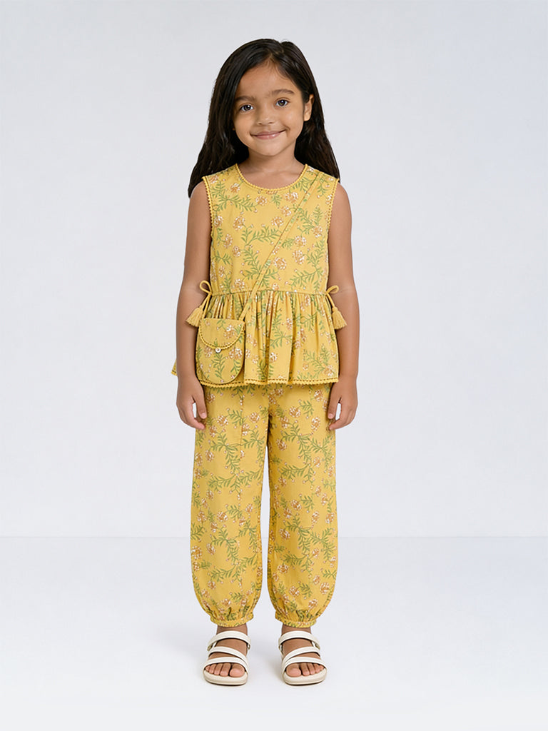 Utsa Kids Girls Yellow Floral Printed Cotton Ethnic Pants - (8-14 yrs)