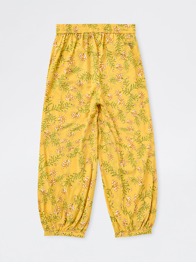 Utsa Kids Girls Yellow Floral Printed Cotton Ethnic Pants - (8-14 yrs)