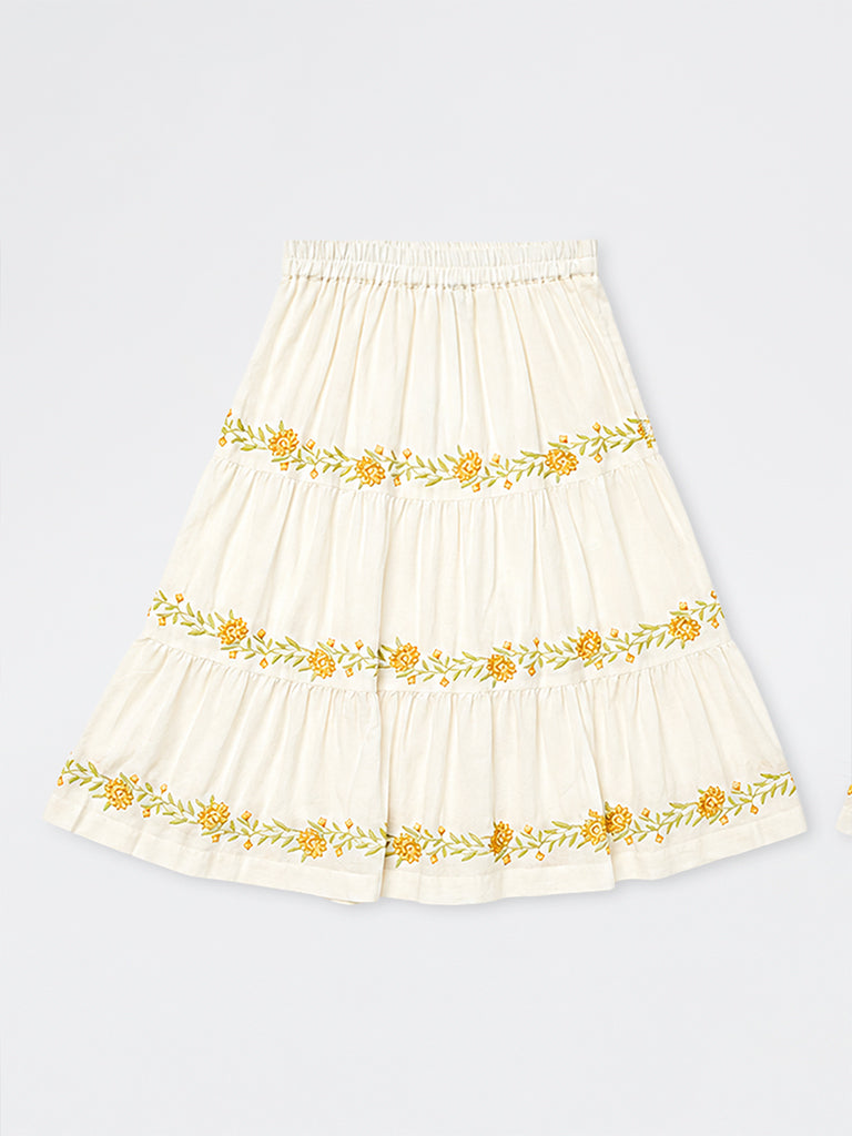 Utsa Kids Girls White Floral Embroidered Cotton-Blend Tiered Skirt - (8-14 yrs)