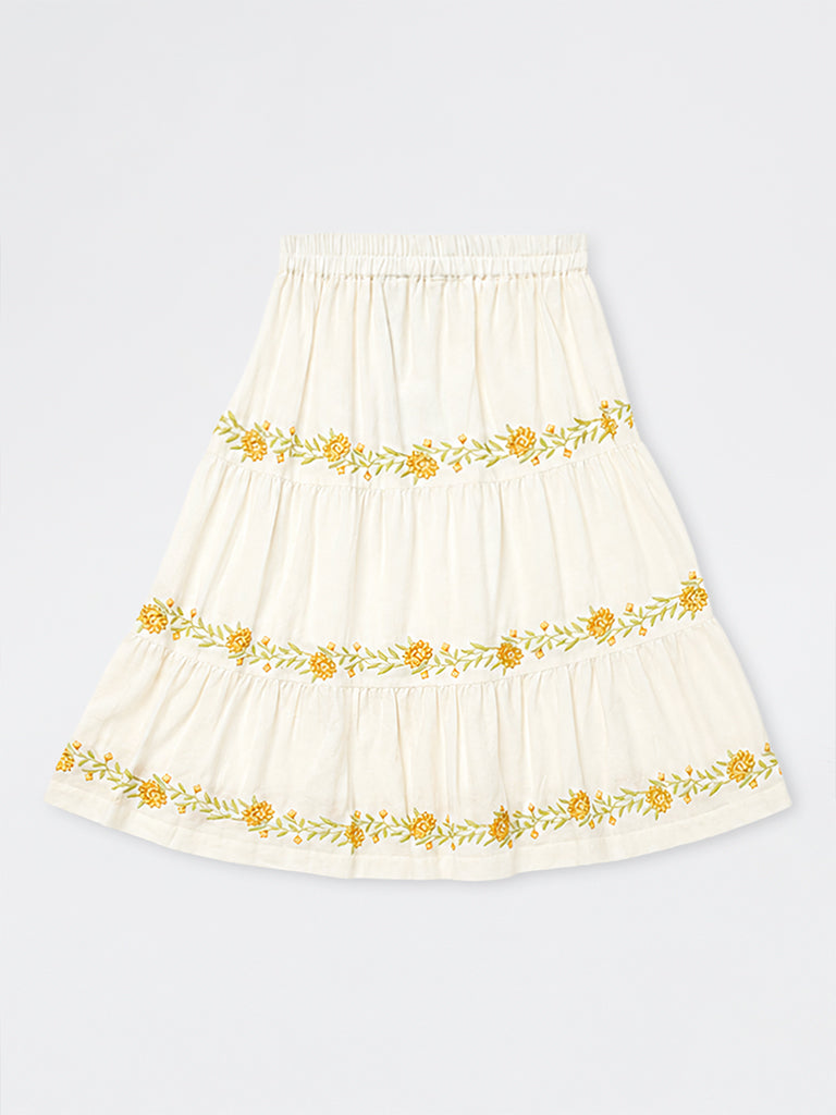 Utsa Kids Girls White Floral Embroidered Cotton-Blend Tiered Skirt - (8-14 yrs)
