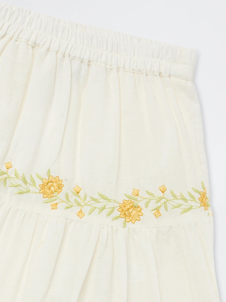Utsa Kids Girls White Floral Embroidered Cotton-Blend Tiered Skirt - (8-14 yrs)