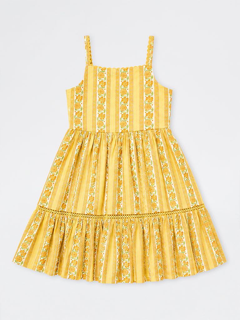 Utsa Kids Girls Yellow Floral Printed A-Line Dress Cotton-Blend Dress - (8-14 yrs)