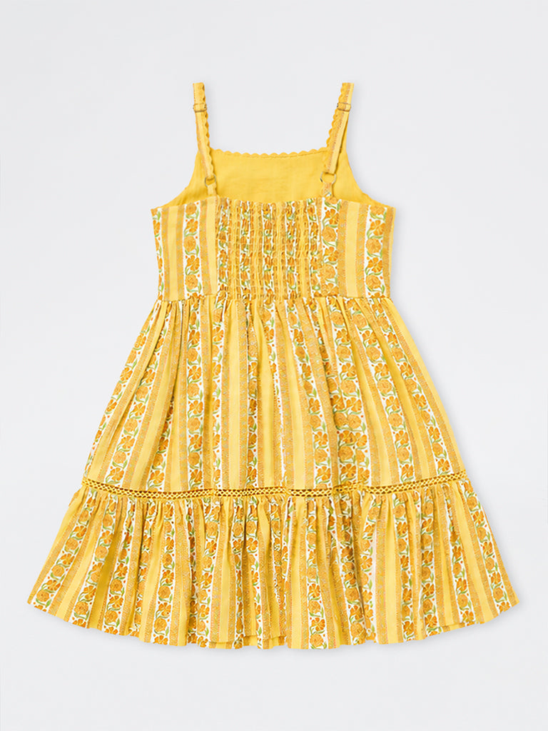 Utsa Kids Girls Yellow Floral Printed A-Line Dress Cotton-Blend Dress - (8-14 yrs)