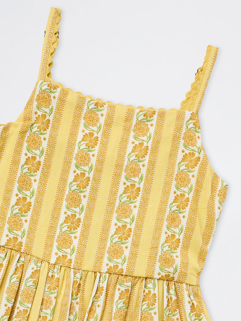 Utsa Kids Girls Yellow Floral Printed A-Line Dress Cotton-Blend Dress - (8-14 yrs)