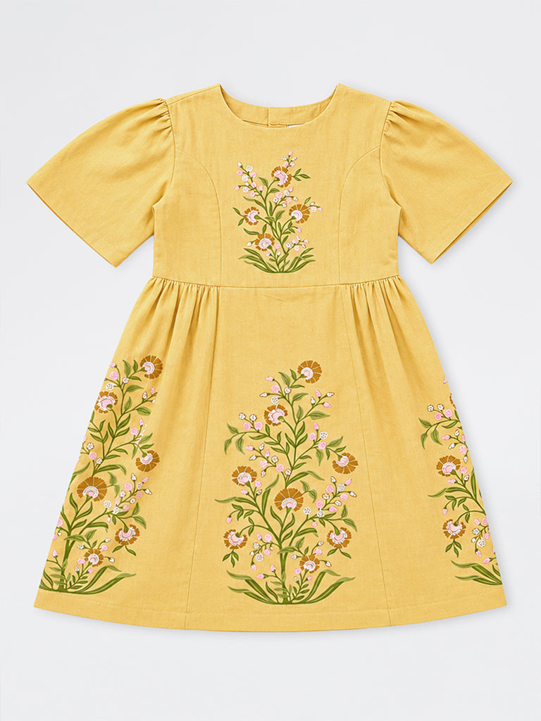 Utsa Kids Girls Yellow Floral Printed Cotton-Blend A-line Dress - (8-14 yrs)