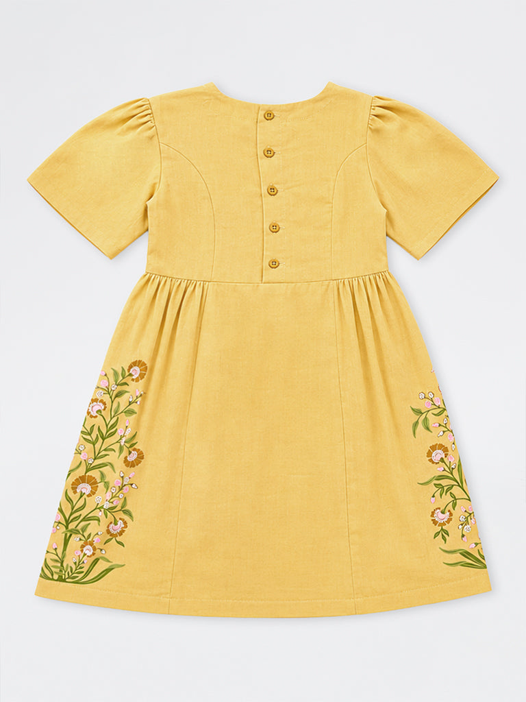 Utsa Kids Girls Yellow Floral Printed Cotton-Blend A-line Dress - (8-14 yrs)